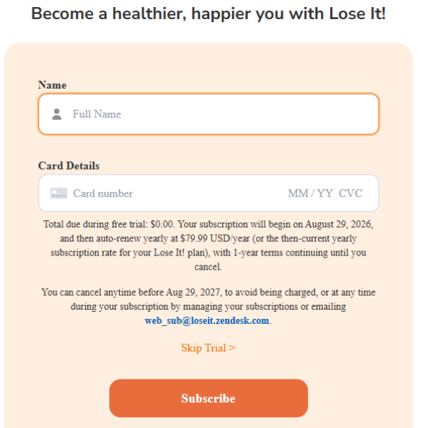 Pricing of Lose It also requires A card Details